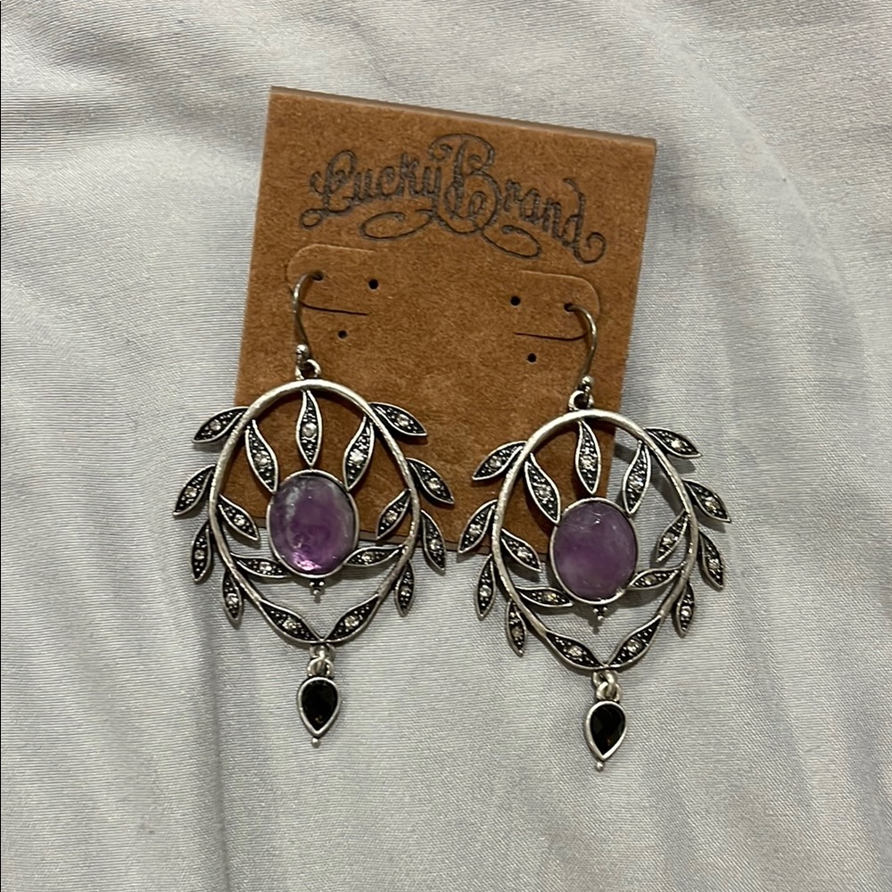 Lucky Brand Silver and Purple Dangle Earrings with Leaf Design